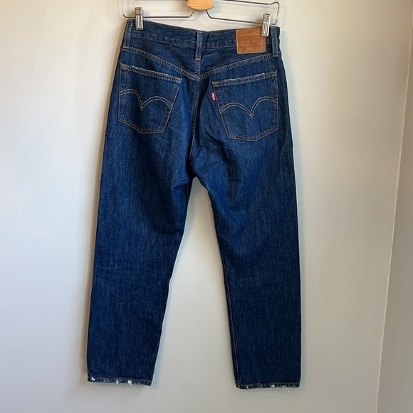 Levi’s 501 Dark Wash Distressed High Rise Straight Leg Cropped Jeans SZ 27 - Picture 9 of 12